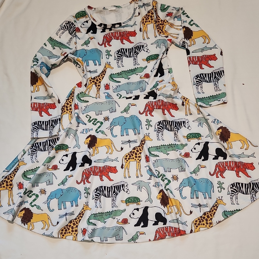 Zara| White Long Sleeve Dress with Multi-Color Animal Print Costume Play Sz S